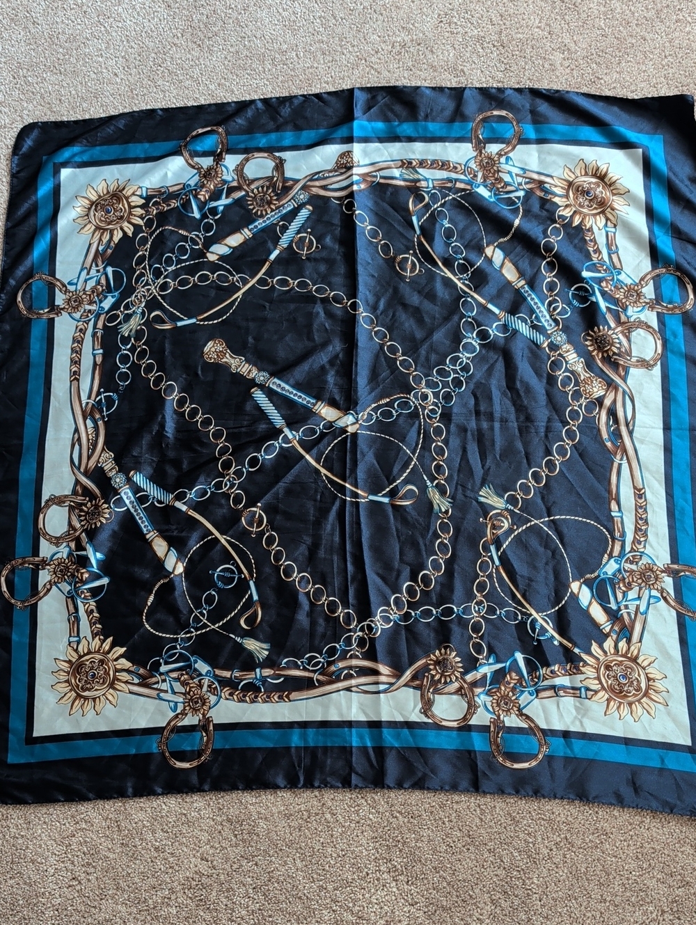 Silk-Feel Black & Blue Equestrian Western Print 34 X 34 Square Scarf